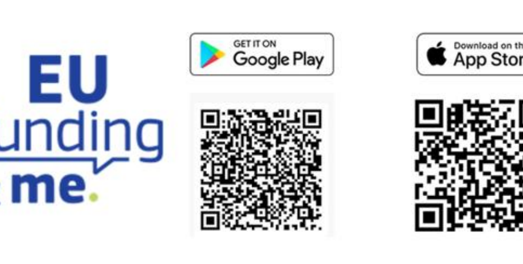 Slika s QR povezavami do Google Play in Apple App Store za naložitev aplikacije.